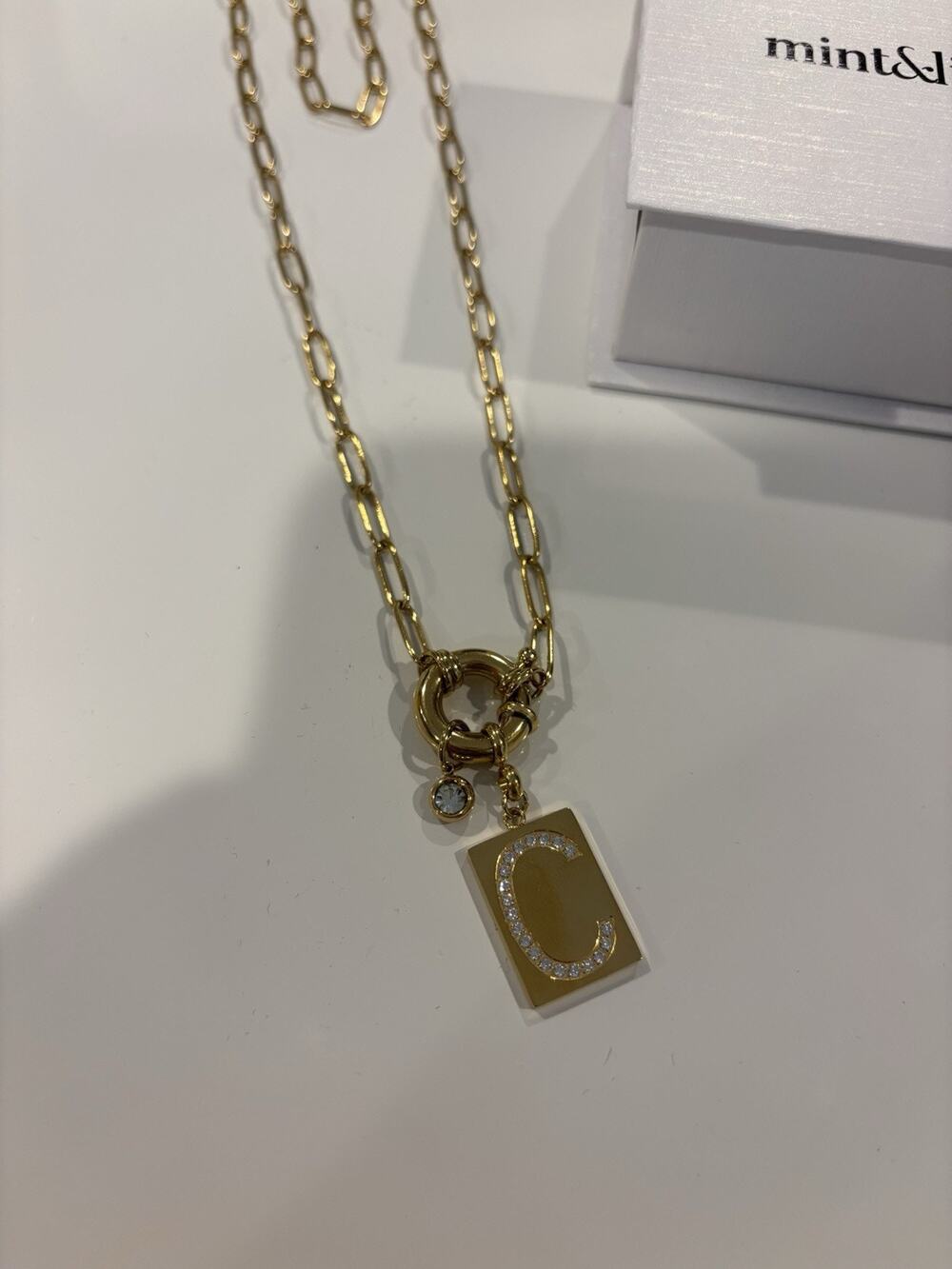 Mint & Lily Gold Pave Initial “C” Pendant Necklace w/ Paperclip Chain